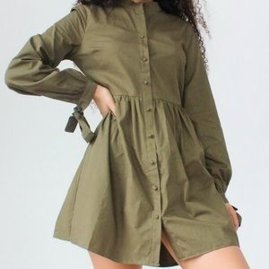 Missguided Khaki Tie Cuff Smock Shirt Dress